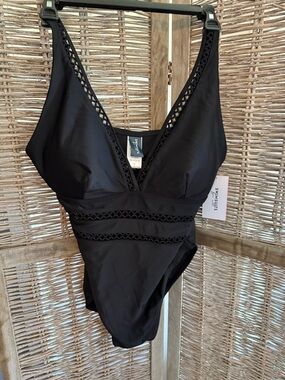 Swimsuits For All Black V-Neck One-Piece with Lace Insets